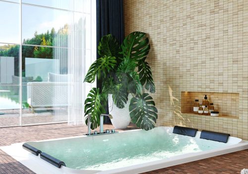 3D rendering. Modern interior of the whirlpool in the room with a floor and a wall lined with beige tiles.